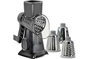 LacusMare Rotary Cheese Grater with 3 Blades for Slicing, Coarse Grating & Fine Shredding, Graters for Kitchen with Stable Suction Base, Vegetable Slicer for Cucumber, Carrot, Potato, Nuts (Gray)
