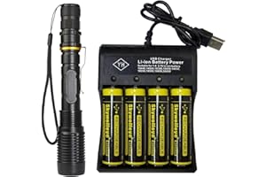 VISVIC Bright Flashlight, 4-Slot Universal Battery Charger with Four 18650 Batteries, fit for 3.7V Lithium Ion Batteries 18650 18500 17650 16340 14500 25500 22700 21700 Rechargeable Batteries