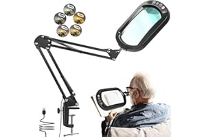DRDEFI 10X Square Magnifying Glass with Light and Clamp, Real Glass LED Lighted Magnifier and Stand, 5 Color Modes Stepless Dimmable, Hands-Free Mag Desk Lamp with Clamp for Reading Craft Hobby Close Work