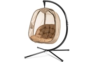 COSTWAY Sedia Sospesa con Supporto in Acciaio, Sedia Amaca con Cuscino Comodo, Sedia a Dondolo per Cortile Giardino Balcone, 100 x 126 x 173 cm