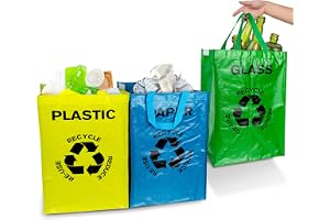 Avfallssorteringssystem, paket med 3, påsar för återvinningssystem, återanvändbara avfallspåsar för papper och metallskrot, påsar med handtag, stora uppsamlingsbehållare för avfallsförvaring i köket