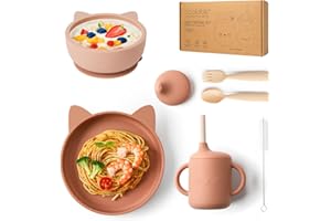 COOLABLE Set de Repas Bébé en Silicone sans BPA, Vaisselle 6 Pièces - Bol et Assiette avec Ventouse, Tasse, Fourchette et Cuillère - Compatible Lave-vaisselle et Micro-ondes - Rose