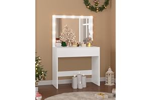 KIMENICH Schminktisch mit Beleuchtung, Einstellbare Helligkeit, Schminktisch mit Großem Spiegel, Große Schublade mit Verstellbaren Trennwänden, Modern, Weiß