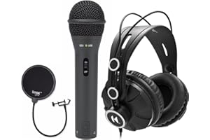 SAMSON Q2U Black Handheld Dynamic USB Microphone Bundle with Pop Filter and Closed Back Over-Ear Headphones (3 Items)