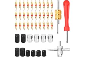Cozlly 45pcs Tyre Valve Removal Tool 4-way Valve Core Removal Tool, Dual & Single Head Valve Core Remover, 12pcs Valve Dust Caps, 30pcs Valve Cores for Car Bicycle Auto