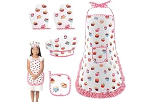 AIEIEII 4 PCS Kids Cooking Apron Set, kids Chef Outfit Baking Kit, childrens baking set with Apron Chef Hat Oven Mitts and Hot Pad Fun Childrens Baking Set for Aspiring Little Chefs