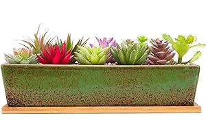 ARTKETTY Ceramiczne doniczki na sukulenty, nowoczesne długie prostokątne pojemniki na rośliny z tacą, płytkie kaktus bonsai pudełko okienne z drenażem do dekoracji wnętrz i na zewnątrz (zielone)