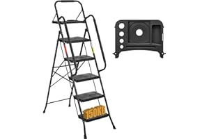 BONTEC 5 Step Ladder Folding, Heavy Duty Foldable Step Stool with Wide Anti-Slip Pedals, Sponge Handrail, Detachable Tool Tray, Black Portable Household Ladder, Compact Indoor Outdoor Metal Step Stool