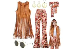 Gohytal 70s Women Hippie Costume Set, Includes Fringe Vest Pants Headband Peace Sign Necklace Earrings Sunglasses for Carnival Costume Cosplay Halloween, 1960s 1970s Fancy Dress Costumes Ladies Adult