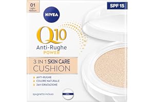 NIVEA Q10 Plus Anti-Age 3in1 Skin Care Cushion 15ml, Crema colorata viso idratante e anti-età, Crema Viso antirughe e BB cream FP15, Fondotinta cushion arricchito con Coenzima Q10, 01 Light-Medium
