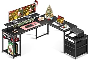 ODK Escritorio en Esquina 168x160 cm, Negro, Escritorio de Oficina con Estante y Armario, Forma L con Soporte para Monitor, Mesa de Ordenador para Oficina en Casa