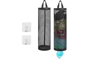 ZPLASK 2 Pcs Plastic Bag Holder, Carrier Bag Storage with 2 Pcs Sticky Hooks, Mesh Hanging Grocery Plastic Bag Storage Holder Carrier Bag Holder, Plastic Bag Dispenser for Home