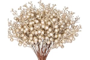 N&T NIETING Christmas Tree Picks, 24 Pcs Artificial Glitter Tree Picks Stems Branches Ornaments, 9.8inch Artificial Holly Berries for Wreath Making Supplies Christmas Tree Decoration, Champagne