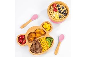 Vinsani Bamboo Monkey Plate Bowl and Spoon Set for Baby Toddler Kids Childen, Suction Plate, Stay-Put Non-Slip Base Design, Hypoallergenic, Food-Grade Silicone and BPA-Free Baby Feeding Set (Pink)