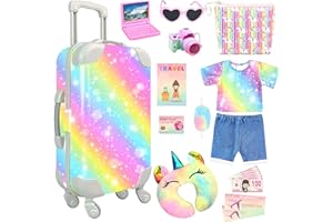 ZEIZHUBN 19 Pcs Girl Doll Accessories, 18 Inch Dolls Travel Case Luggage Play Set with Dolls Bag, Clothes, Pillow, Sunglasses, Camera Stuff Fit 18 Inch Doll Gifts for Girls Age 3+ Christmas Birthday