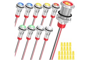 MKBKLLJY 10St. 8mm AC/DC12-24V LED-Metall-Blinker wasserdicht Signallampe 5Farben(Rot/Gelb/Blau/Grün/Weiß) mit 150mm Kabellänge Metall-LED-Blinker und Verdrahtungskappe