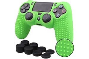 Pandaren® STUDDED silicone cover skin anti-slip for PS4/ SLIM/ PRO controller x 1(green) + FPS PRO thumb grips x 8