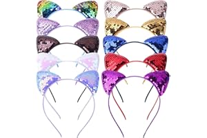 YSTrillion Pack de 10 Lentejuelas Diademas con Orejas de Gato - Accesorios Adorables para Disfraces Diadema Orejas Gato aplicar para Halloween, Carnaval, Fiestas de Disfraces etc(Multicolor)