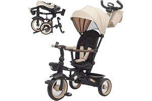 Twinly - Tricycle évolutif bébé Sami Pliable avec siège pivotant à 360° vélo 2 Ans - Poussette bébé, coulisseaux Jouet, 1-5 Ans ou 25 kg - Lumière, Capote Extensible et poignée parentale (Beige)