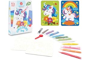 Sabbiarelli Sand-it For Fun - Bag Unicorns, Mini-set Creativo di Sand Art per Bambini 5+: 2 Disegni Adesivi A6 a Tema Unicorni e 12 Bustine di Sabbia Colorata, Attività Manuale, Regalino Natale