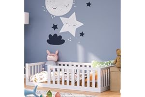 ‎BELLABINO Bellabino Tapi Bett 80x160 cm, Kinderbett mit Rausfallschutz, inklusive Lattenrost, Montessori Bodenbett für Jungen und Mädchen aus Kiefer Massivholz, weiß lackiert, Bed