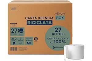 ŒCOLIFE oecolife - Scatola di carta igienica, 3 strati, 27 rotoli da 250 fogli, super morbida, carta igienica sostenibile, senza imballaggio in plastica, riutilizzabile