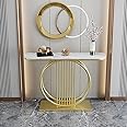 IronKaar Decorative Gold and White Circular Console Accent Table, Metal Frame and Wood Sofa Side Table with Antique Finish End Coffee Table for Living Room
