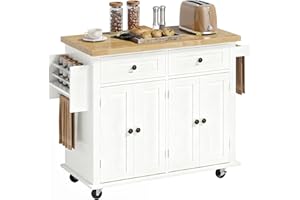 HOMCOM Carrello da Cucina con Ruote, Ripiani Regolabili e Portaspezie, Isola Cucina con Piano di Lavoro in Legno di Gomma, per Cucina e Soggiorno, 111x44.5x82.5 cm, Bianco