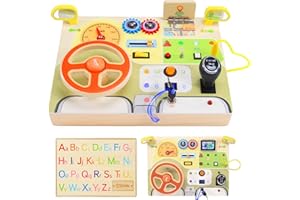 Jouet Sensoriel Montessori Baeroly avec Volant Simulé et Interrupteurs Lumineux à LED - Tableau Busy Board en Bois pour Bébés - Jouet de Voyage Parfait et Cadeau