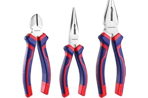 WORKPRO Jeu de 3 Pinces en Acier au Carbone de Qualité avec Poignée Souple, Pince à Bec Long 160mm, Pince Coupante 160mm, Pince Universelle 185mm pour Réparation Domestique