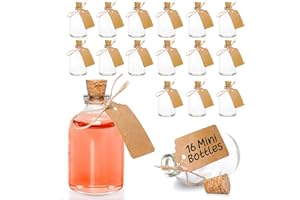 VOLILA Małe szklane butelki - (16 sztuk) mini szklane butelki 50 ml z korkami, lejkiem i dostosowywanymi etykietami rzemieślniczymi na upominki ślubne, strzały, butelki na mikstury, słoiki na zaklęcia