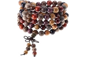 Jovivi Chapelet Bouddhiste Collier Mala Bois 8mm 108 Perles en Bois de Santal Naturel Chaîne Chapelet Multi-Tour Tibétain Bouddha Mala Chinois Noeud Élastique Homme Femme