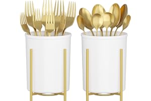 Lifewit Organizador de cubiertos 2 Piezas con Soporte de Metal Dorado, Portacubiertos para Bandeja de Cocina, Cesta de Plástico para Cubiertos Tenedores, Portacubiertos de Cocina Camping/Fiestas