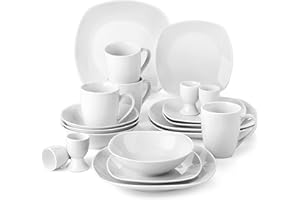 MALACASA, Serie Elisa, 20-teilig Porzellan Tafelservice Kombiservice Geschirrset, je 4 Speiseteller, Dessertteller, Müslischalen, Eierbecher, Becher, Essservice für 4 Personen