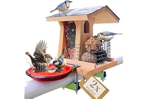 STAFECO Vogelhaus Balkon Vogelfutterhaus aus Holz mit 2 Haltern Futtersilo für Körner & Meisenknödel, Dach zum Öffnen, herausnehmbares Fenster zur Reinigung Vogeltränke & Badeplatz (Balkon 4)