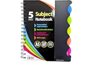 OFFICE ZONE A4 / A5 5-Part Subject Notebook with Strong Repositionable Tabbed Dividers Micro-Perforated Feint Ruled Pages with Margin 70 gsm Paper - Available in Packs of 1 3 or 5 - Ideal for School Office Home