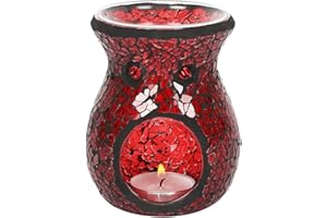 IZEERA Red Crackle Glass Oil Burner- Small, Lustre Mosaic Wax Melt Burner Single Tea Light Candle Holder Aroma Gift Lamp, for Women Men