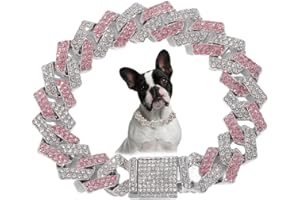 YOUALSO Pink Dog Collar Necklace, Bling Diamond Cuban Link Puppy Collars Glitter Rhinestone Cat Chain For Small Medium Large Pet Dogs, 10-Inch
