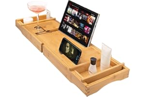 SIMPA 100% Natural Bamboo Bath Tub Multifunction Extendable Caddy Tray - for Bath Time Escapes Rest & Relaxation - Holds Wine Glass, Candles/Tealights, Tablet Device or Book Rest.