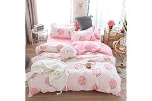 HOMEWISH Juego Funda edredón Dibujos Animados para Cama King Pink Peach Juego Ropa Cama Kawaii Niña Preciosa Funda de edredón Frutas Lindas Funda edredón Plantas Tropicales Suave Colcha decoración