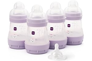 MAM Easy Start Anti-Colic Baby Bottles | 4 Pack (4X 160ml) | Self-Sterilising Baby Milk Bottle | Slow Flow MAM Teats Size 1 + 1x Medium Flow Teat Size 2 | Pink (Various Designs)