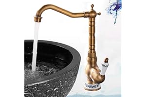 SAEUWTOWY Grifo de Latón Antiguo con caño Giratorio de Cascada para Fregadero, Lavabo, de Cerámica Blanca Manejan Americano De Solo Agujero De Mezclador
