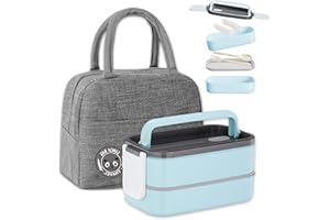 Haoh Bento Lunch Box Kit,1400 ml Double Couche Hermétique Boite Repas avec Couverts et Sac Isotherme, pour Pique-Nique, Travail, Goûter, Bento Box pour Micro Ondes(Bleu