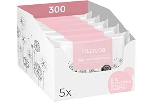Lingettes avec prébiotiques LILLYDOO, 300 unités (5x60), renforcent la barrière naturelle de la peau, tissu 100% sans plastique, douces et sans parfum, testées dermatologiquement