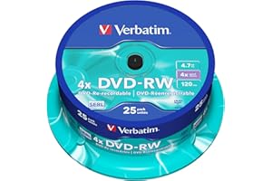 Verbatim DVD-RW 4x Matt Silver 4.7GB, 25er Pack Spindel, DVD Rohlinge beschreibbar, 4-fache Brenngeschwindigkeit & Hardcoat Scratch Guard, DVD leer, Rohlinge DVD wiederbeschreibbar