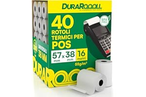 EUROCALI 40 Rotoli Carta per POS 57x38 Rotolini Termici DuraRoooll - Rulli Carta Termica 16m Compatibile con Nexi SumUp Pax Axerve Ingenico Smart POS - Rullini per Scontrini Ricevute Bancomat Carte di Credito