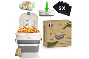 HERACRAFT Poubelle Compost Appartement composteur de Cuisine Pliable avec Couvercle, Poubelle de Cuisine Alimentaire Anti Odeur - avec kit 12 Mois 5 Filtres à Charbon + 2 Rouleaux Sacs Poubelles