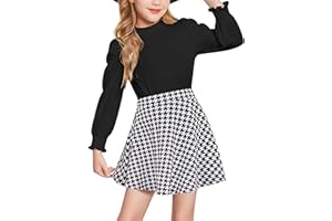 Arshiner Girls Clothing Sets Long Sleeve T-Shirt with Skirt Set Checkered Skirt Set Kids Casual Fashion Outfit Children's Autumn Winter Clothing Sets with Pockets 6-14 Years