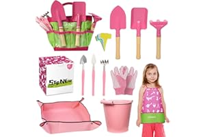 Stanew Kit Jardinage Enfant, Outils Jardinage Enfant, Kit D'outils De Jardin avec Sac, Outils De Jardin Inclus Seau, Tablier Enfant, Gants De Jardinage, Pelle Rateau
