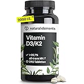 natural elements Vitamin D3 + K2 – > 99,7% all-trans MK-7 & 2000 IE Vitamin D3 – 240 Tabletten – hochdosiert, optimal bioverf